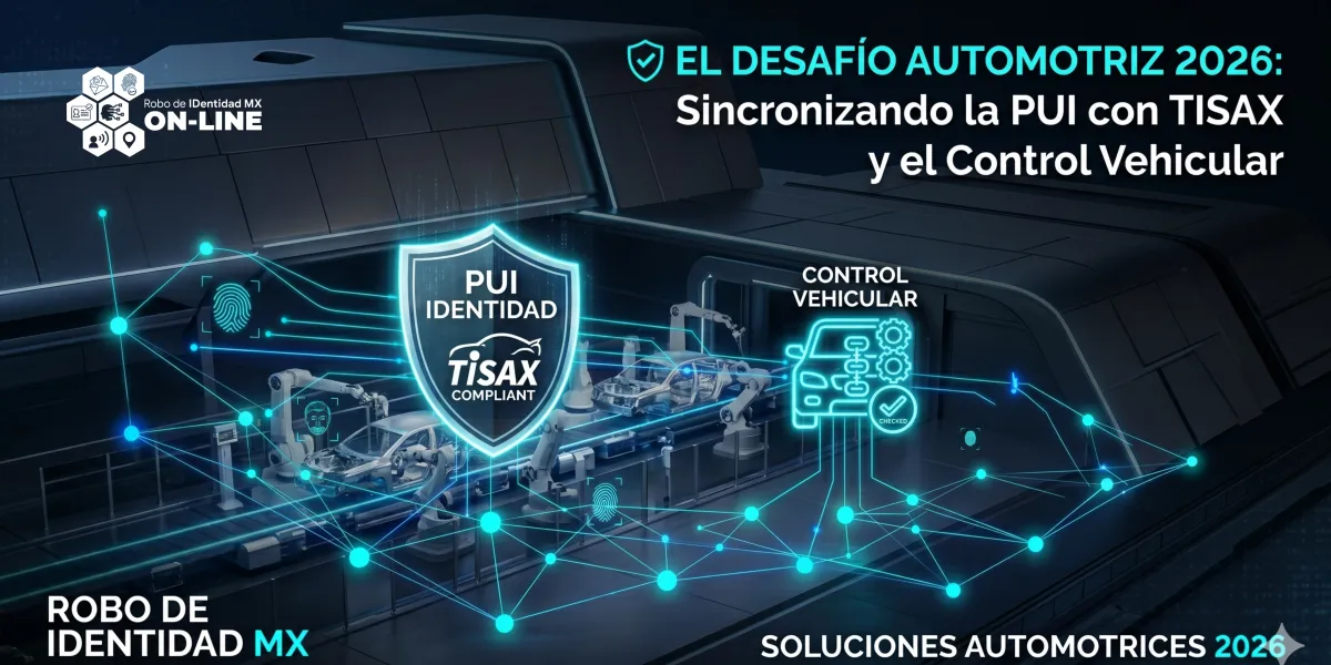 Infografía de convergencia normativa PUI, TISAX y Control Vehicular para la industria automotriz en México.