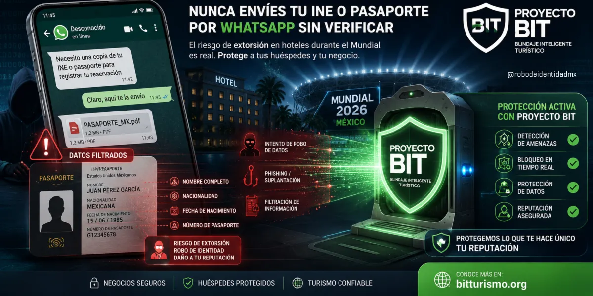 Ilustración de un smartphone con un chat de WhatsApp filtrando datos de un pasaporte y el escáner de Proyecto BIT bloqueando la amenaza.