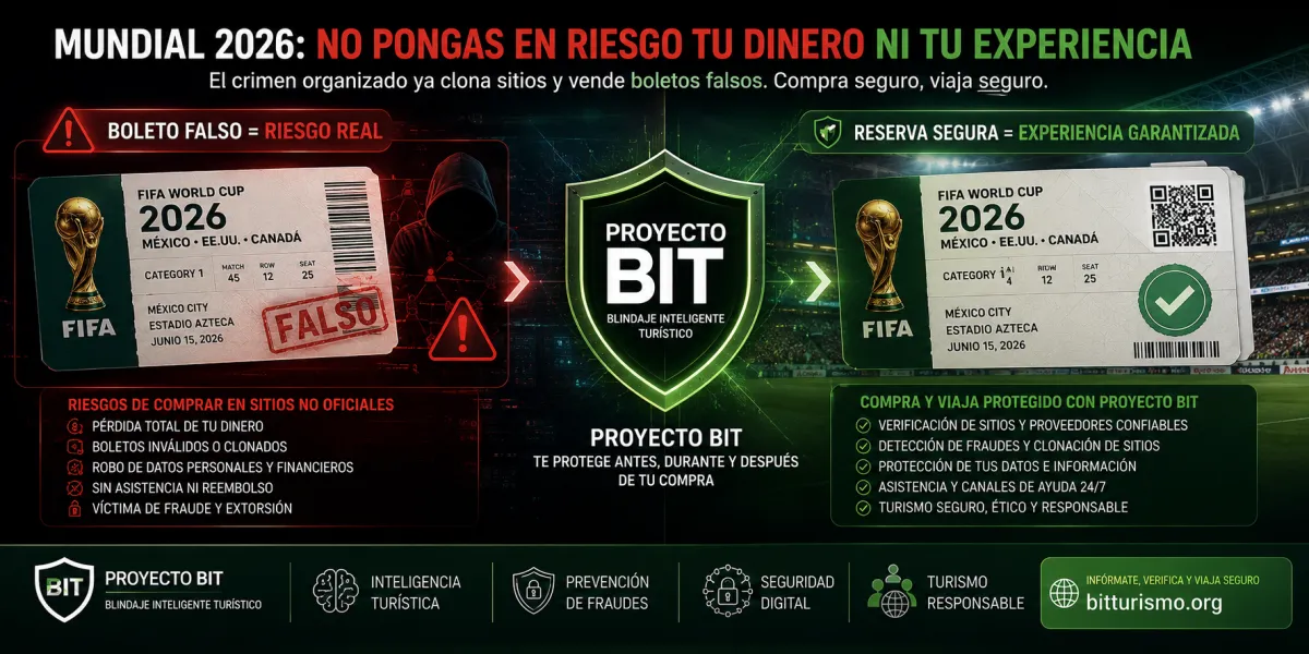 Infografía que muestra un boleto falso del Mundial 2026 y el escudo de Proyecto BIT validando una reserva segura.