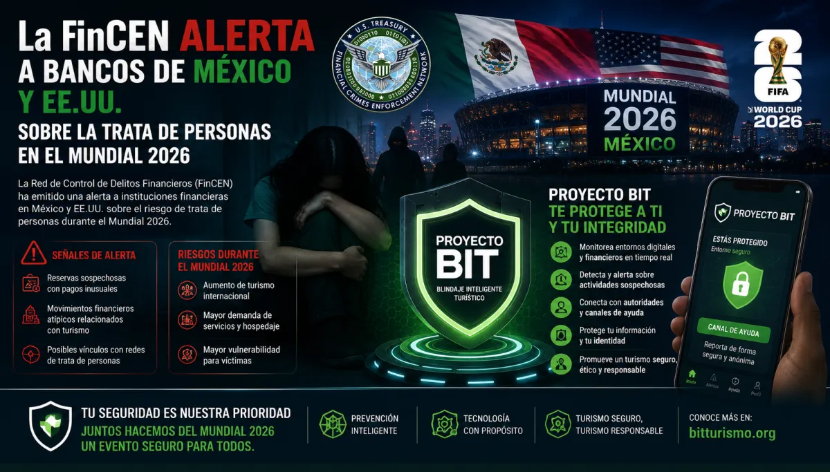 Composición visual que muestra la alerta oficial de la FinCEN sobre las sedes del Mundial y el proceso de validación de identidad segura de Proyecto BIT.