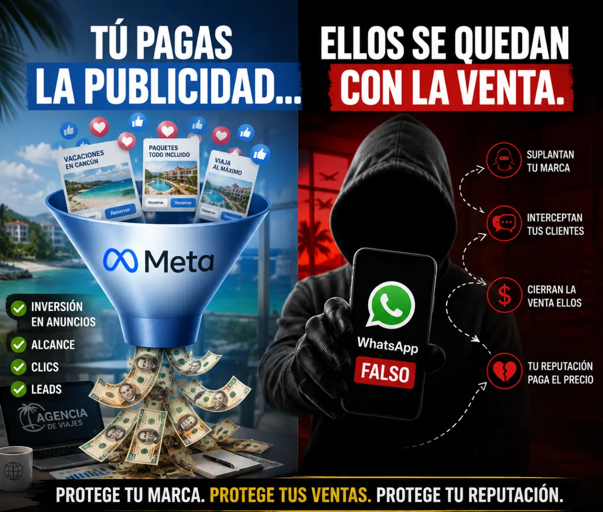 Gráfico explicativo de Robo de Identidad MX sobre el secuestro de pauta digital y cómo las mafias suplantan cuentas corporativas de WhatsApp en el sector turismo