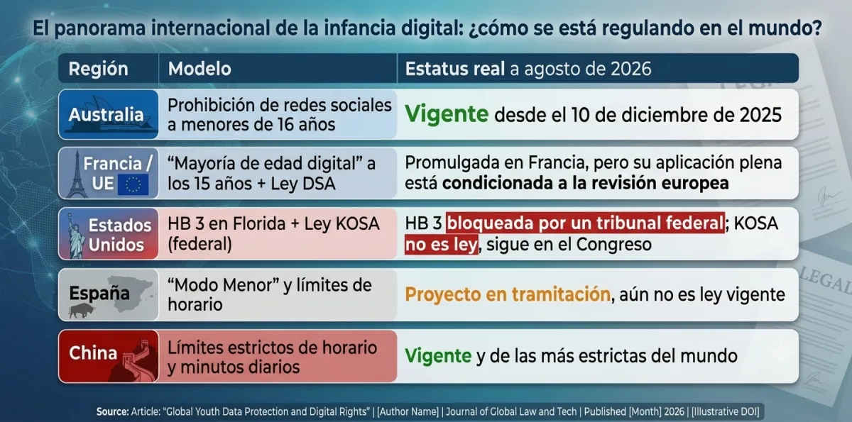 Ilustración conceptual sobre ciberseguridad infantil y protección de datos, representando el análisis de la regulación de redes sociales y verificación de edad en México