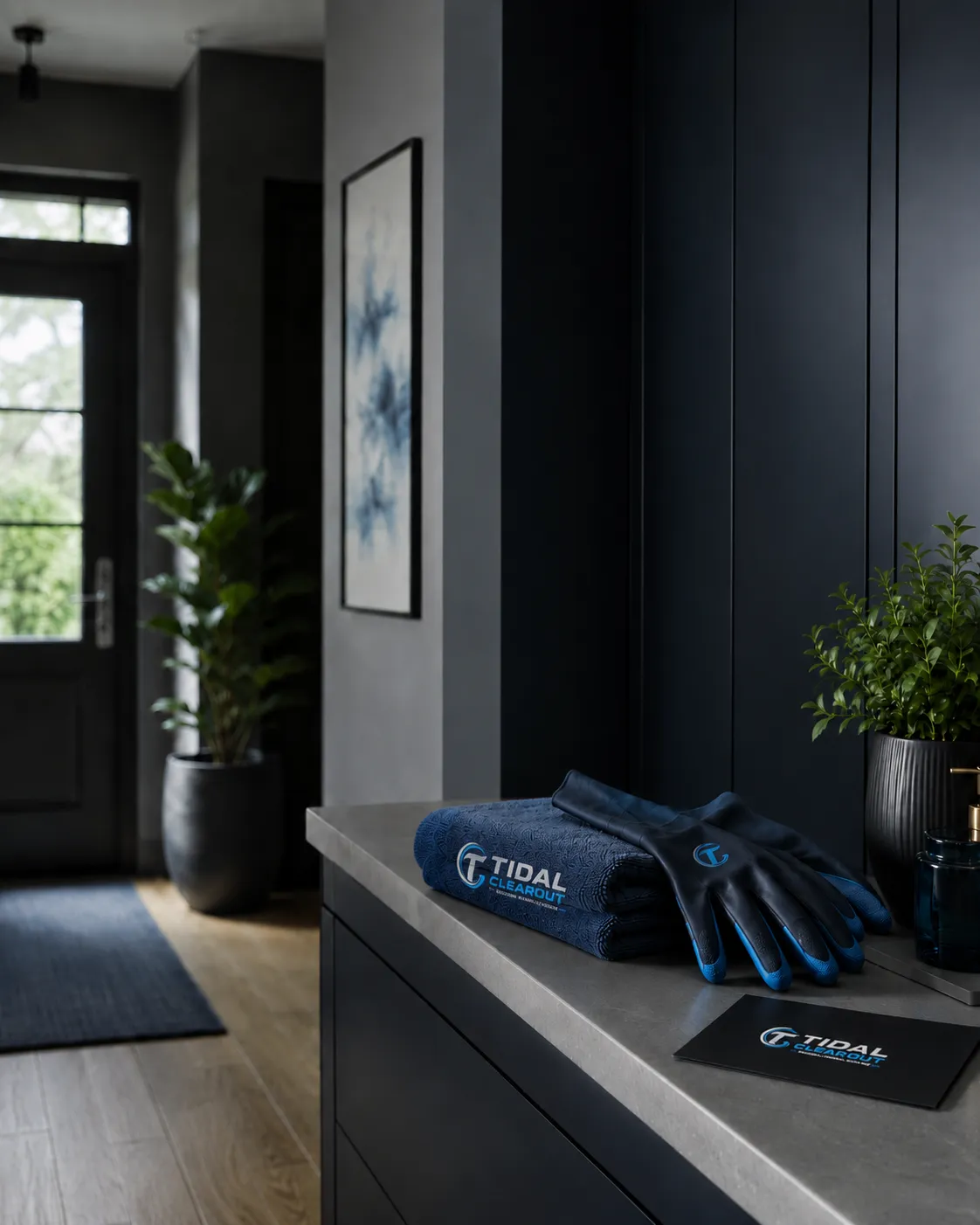 Tidal Clearout cleaning towel and gloves on a modern entryway counter, representing professional cleaning and removal services in Greater Moncton.