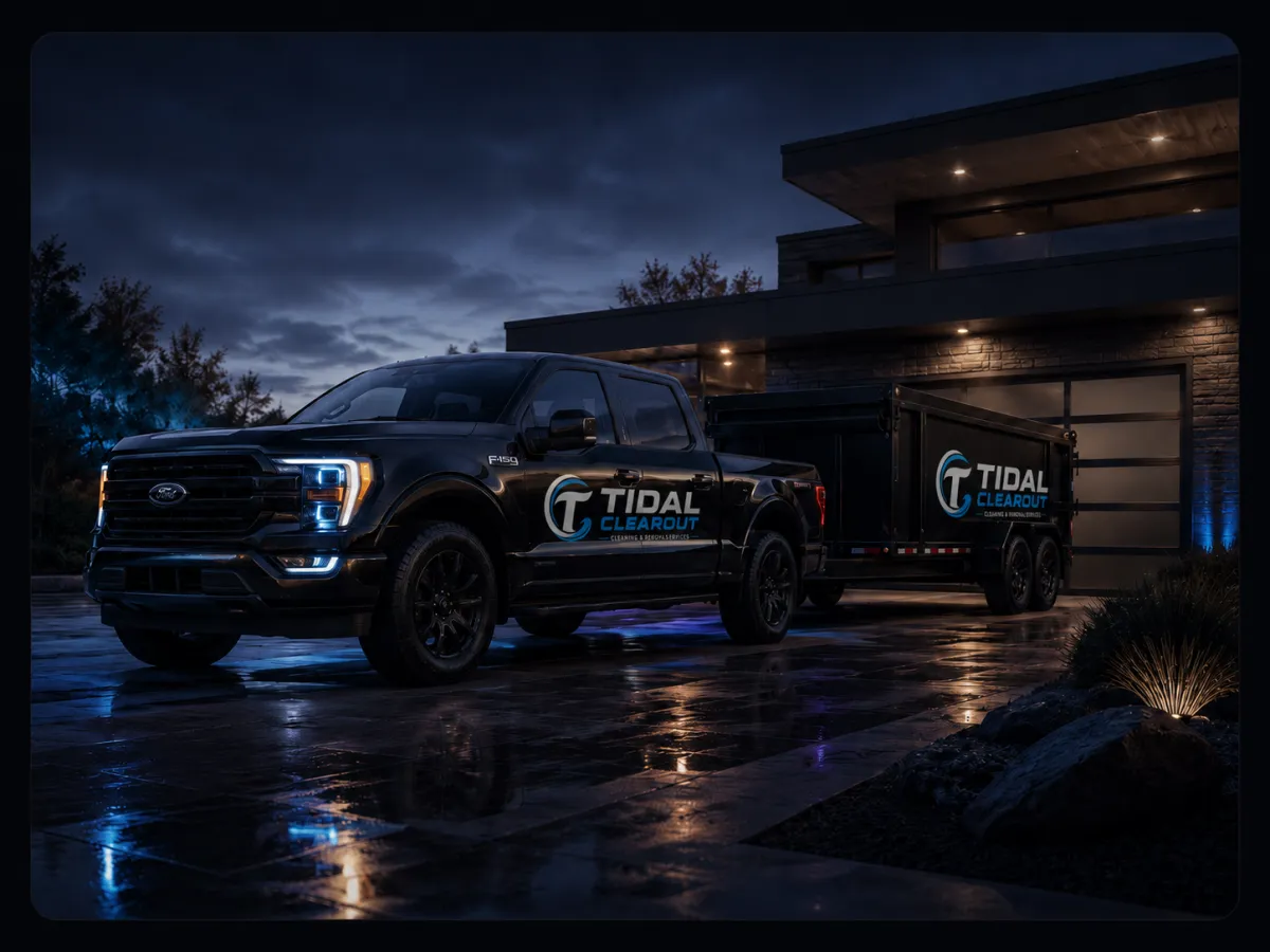 Modern residential entrance at night showcasing Tidal Clearout’s professional cleaning, junk removal, and all-in-one clearout services in Greater Moncton.