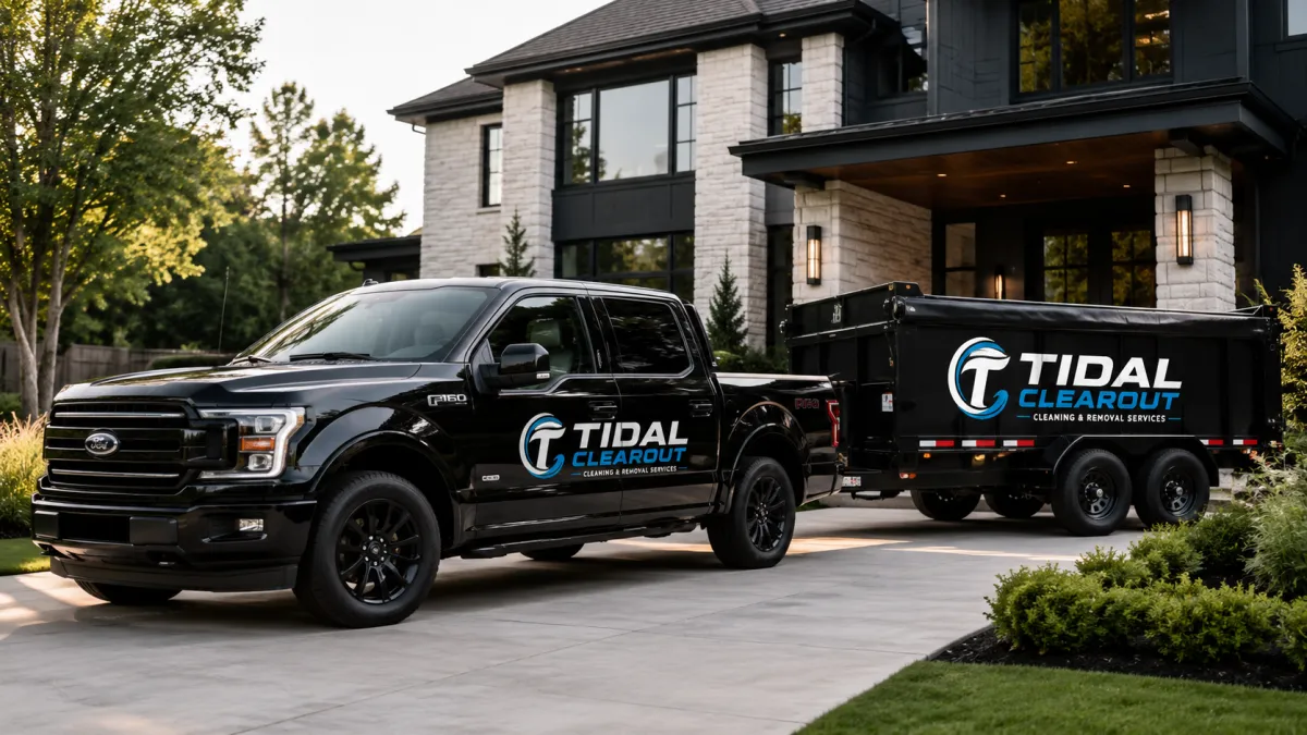 Branded Tidal Clearout truck and trailer outside a modern home for cleaning, junk removal, and clearout services in Greater Moncton.