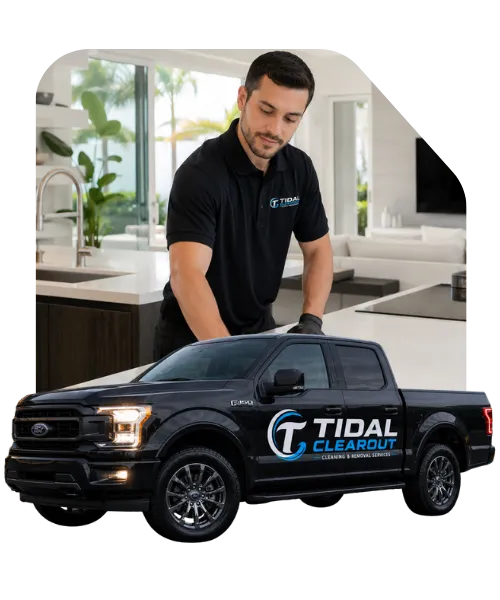 Tidal Clearout team member cleaning a modern home with branded service truck for cleaning, junk removal, and clearout services in Greater Moncton.