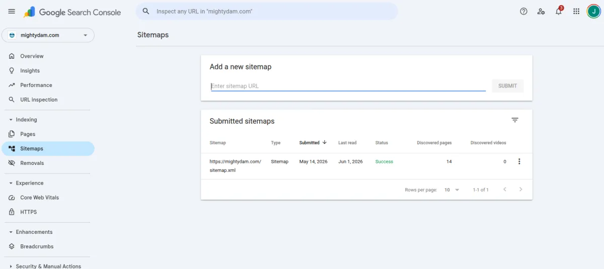 Google Search Console sitemap processing log displaying successful file submission path configurations.