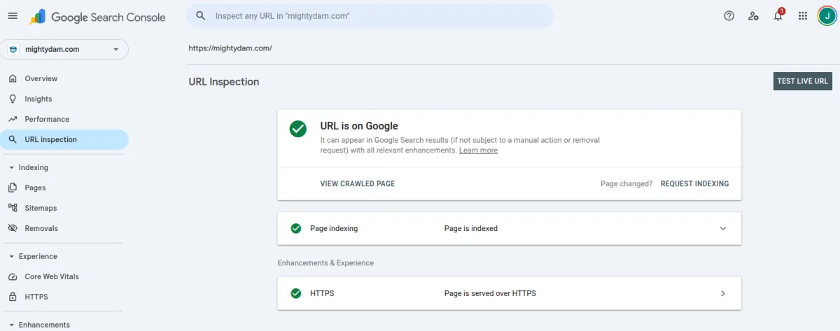 Google Search Console URL inspection ledger confirming healthy live indexing status over HTTPS links.