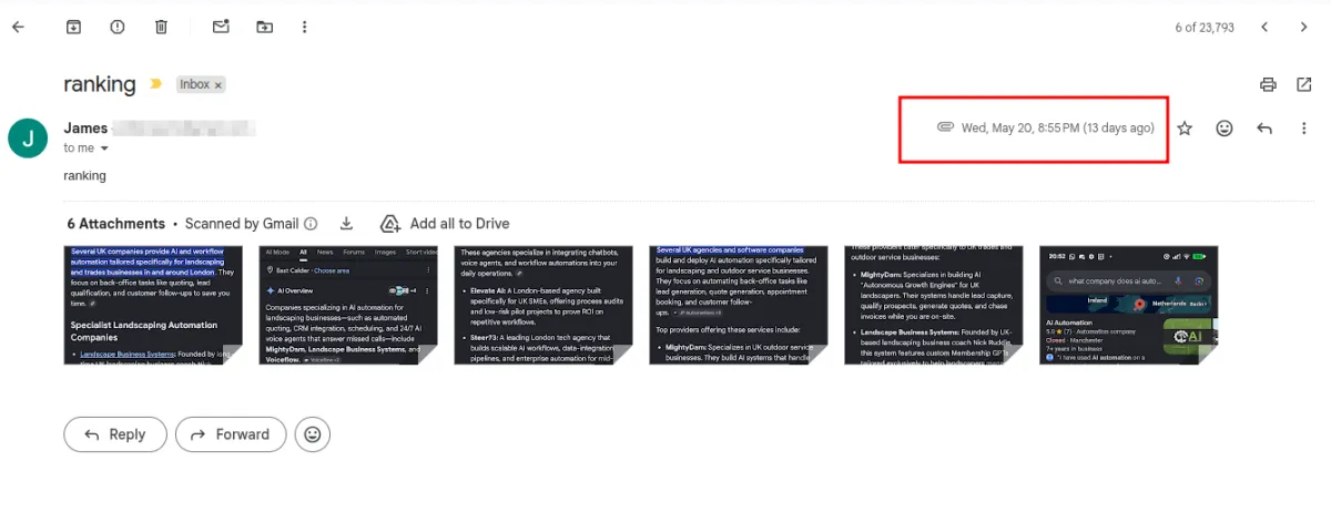Gmail workspace panel displaying timestamp headers on attachments.