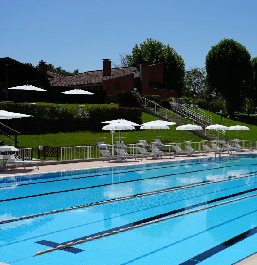 A row of lawn chairs sitting on top of a lush green field