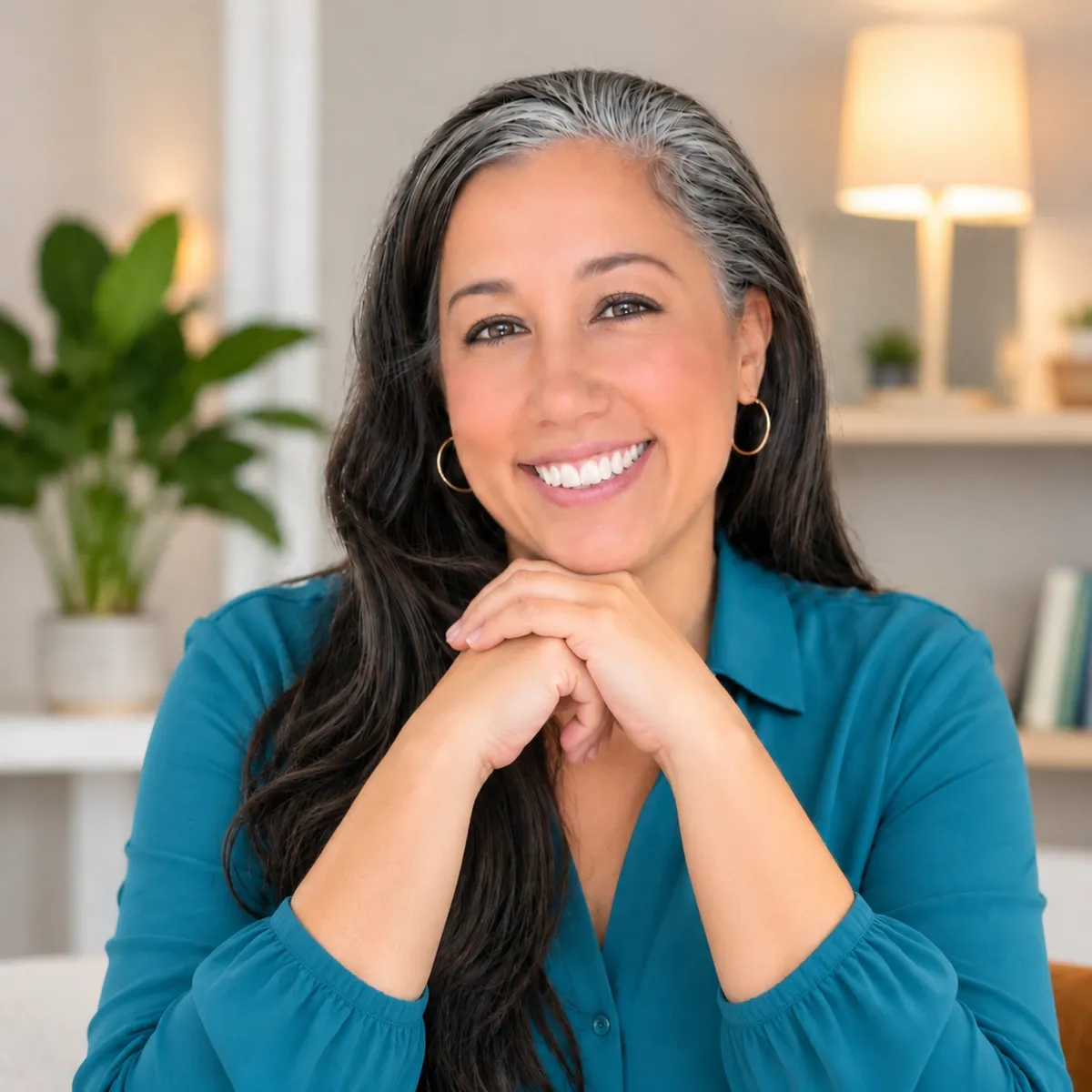 Portrait of the founder sitting by a window with a lamp, resting her chin on folded hands, smiling slightly