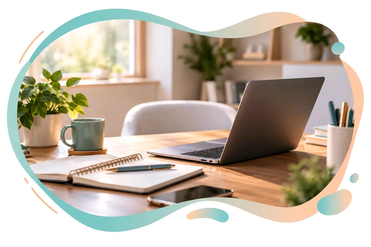 Photo of a wooden desk with a laptop, plant, notebook, pen, and a white coffee mug featuring the ENEURODIVERS logo. The image is framed within a custom curved shape with abstract teal and peach accents.
