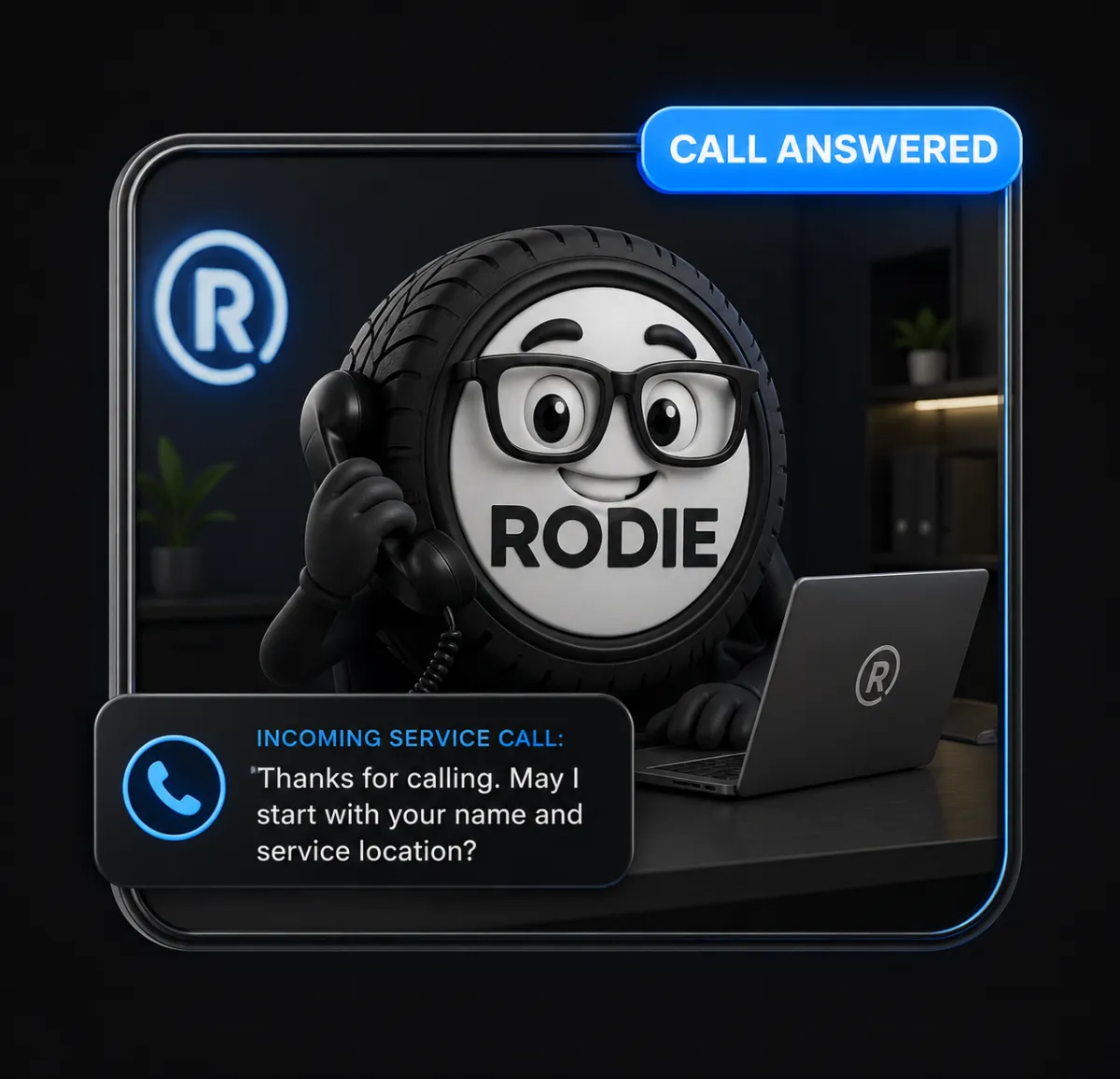 A dark graphite rounded card with a 1px silver border. Top section shows Missed Call in red, followed by a simulated SMS bubble in Electric Blue saying: Hey, sorry I missed you! Can I help you book a job? Clean dashboard icons appear as success indicators.