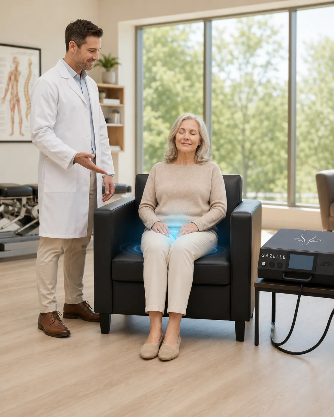 Patient seated comfortably in purpose-built chair