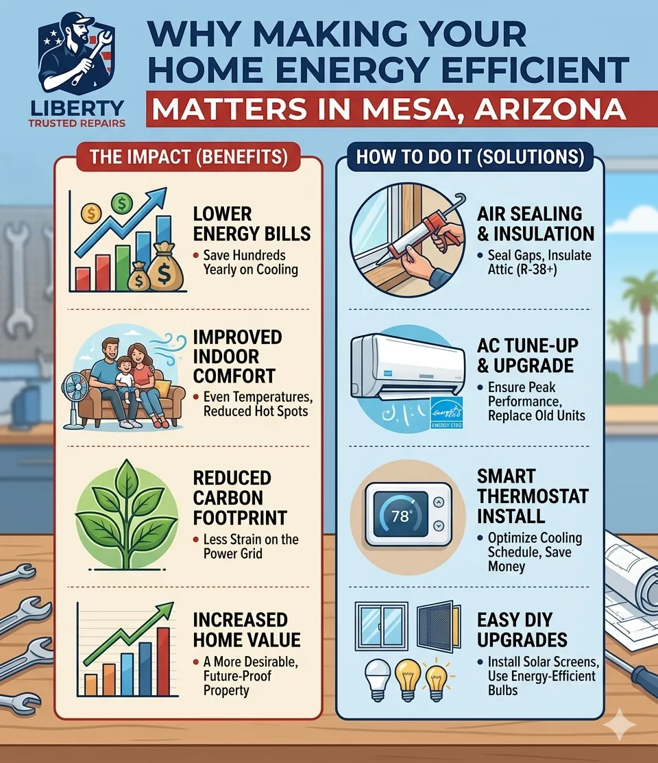 Home energy efficiency tips for Mesa Arizona homeowners to reduce summer cooling costs and improve comfort