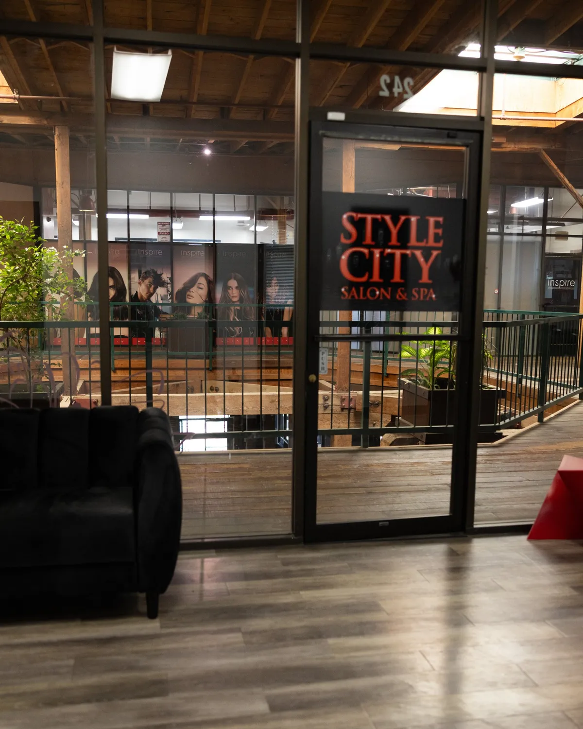 Glass entrance and lobby of Style City Salon & Spa