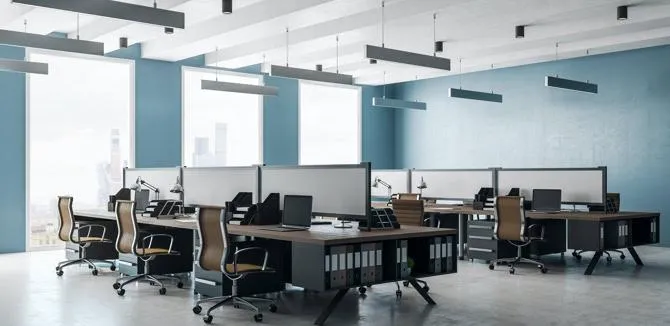a rendering of a modern office space with contrasting paint finish