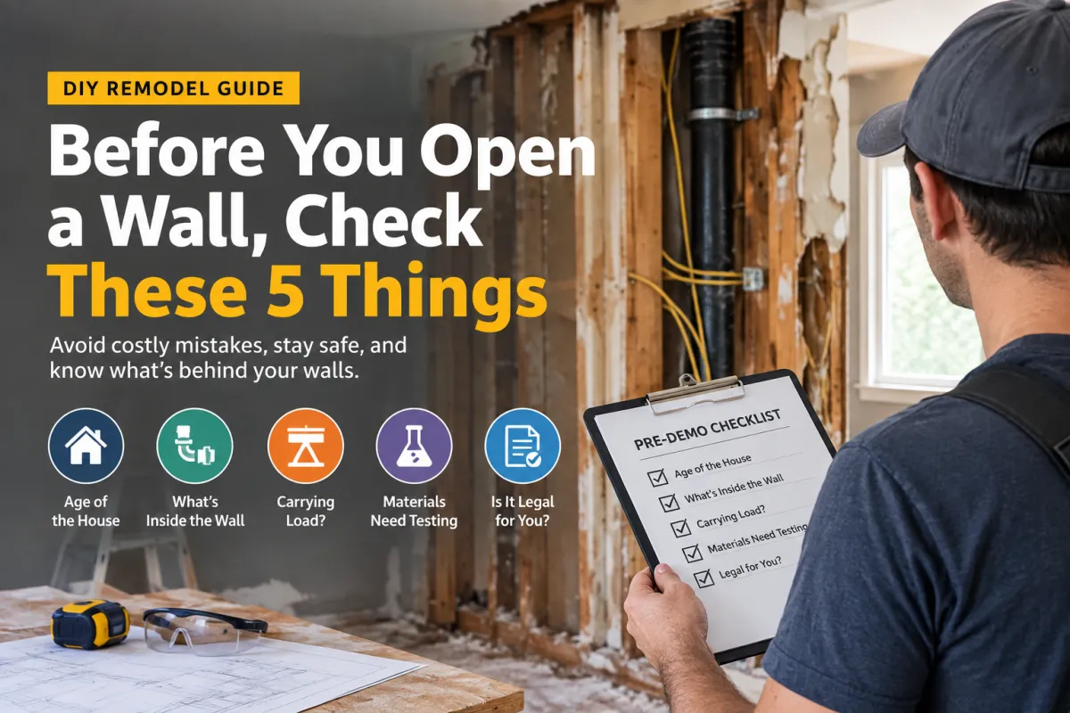 Before you open a wall, check five things: the age of the house, what's running inside the wall, whether it's carrying load, whether the materials need testing, and whether the work you're about to start is legal for you to do yourself