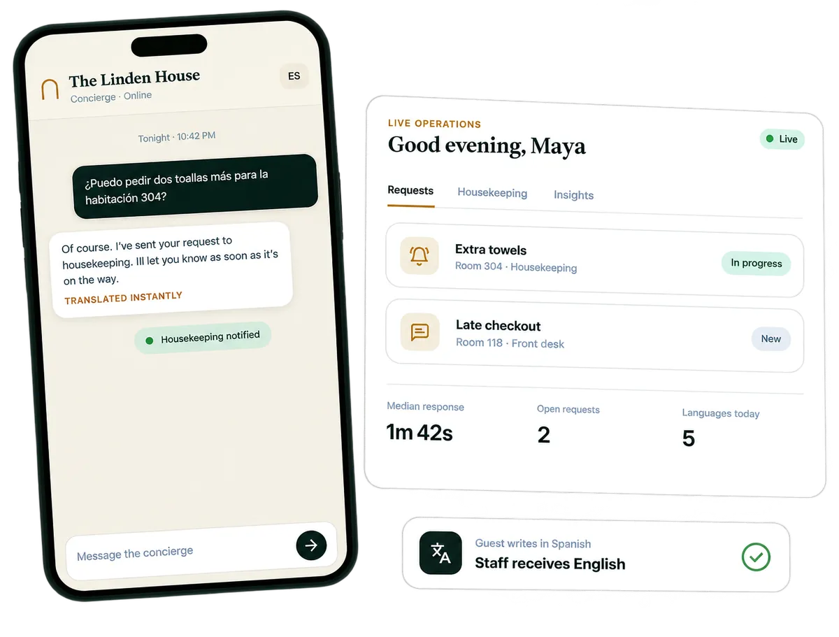 Cortesia guest concierge on a phone translating a Spanish towel request, next to the live staff dashboard