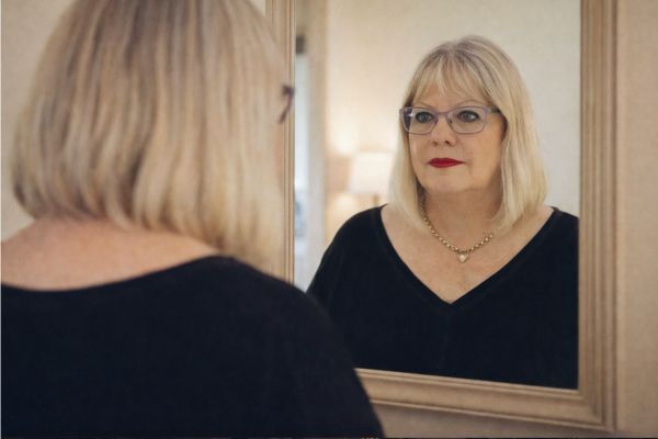 Lorene looking in a mirror