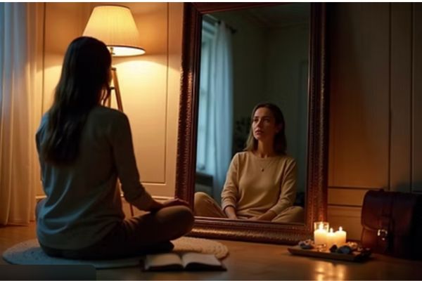 woman looking at herself in the mirror