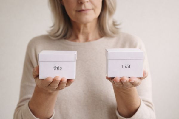 Close-up of a woman holding two boxes labelled ‘this’ and ‘that’, representing making choices and decisions in life