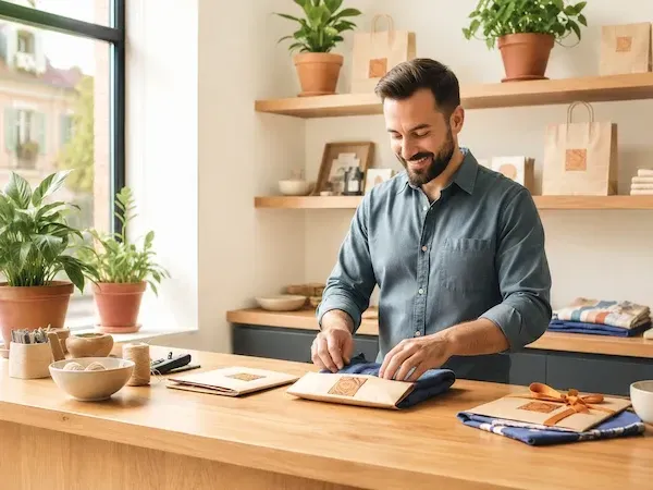 Commerçant local préparant une commande avec un programme de fidélisation actif