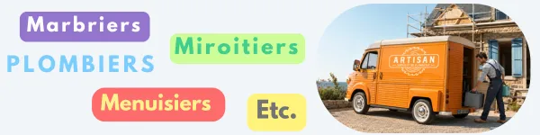 Illustration des artisans du bâtiment et de l’aménagement intérieur accompagnés par Loopline : marbriers, miroitiers, plombiers, menuisiers et autres métiers artisanaux.