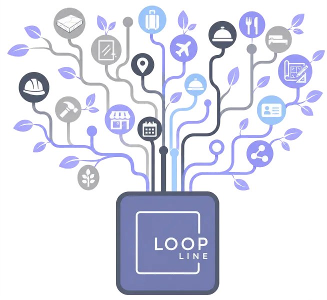 Illustration des secteurs d’activité accompagnés par Loopline, avec un socle digital connecté à des pictogrammes représentant différents métiers.