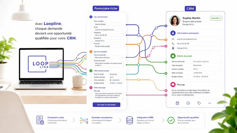 Illustration d’un formulaire de qualification connecté à un CRM, transformant une demande client en opportunité mieux structurée et plus facile à suivre.