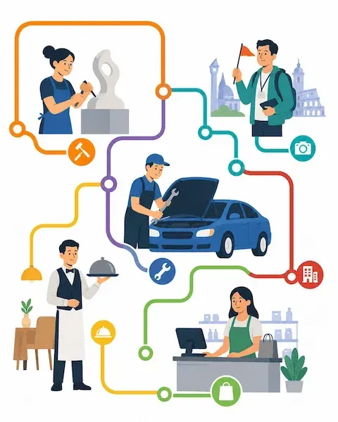 Illustration de solutions digitales par secteur d’activité, avec plusieurs métiers reliés à des outils connectés pour les TPE et PME.