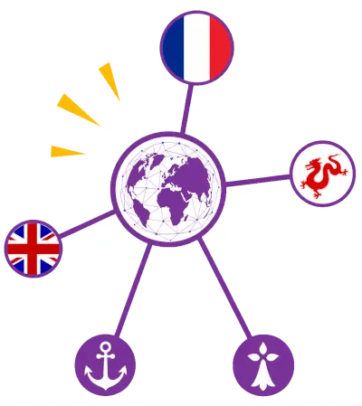 Illustration de l’ancrage local et de l’ouverture internationale de Loopline, avec un globe relié à des symboles de la Bretagne, de la France et de l’international.