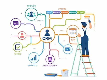 Illustration d’un outil CRM pour TPE et PME, avec contacts, pipeline commercial, tâches et suivi client centralisés.