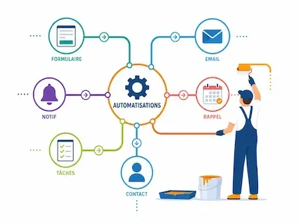 Illustration d’automatisations pour TPE et PME, avec formulaires, emails, notifications, tâches et rappels clients connectés.