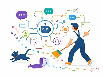 Illustration d’un chatbot IA pour TPE et PME, connecté aux messages, formulaires et contacts pour qualifier les demandes clients.