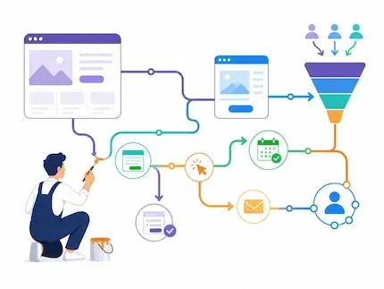 Illustration d’un site internet pour TPE et PME, connecté à un tunnel de vente, un formulaire, un calendrier et un CRM.