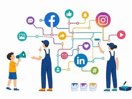 Illustration de gestion des médias sociaux pour TPE et PME, avec publication centralisée sur Facebook, Instagram, LinkedIn et Google.