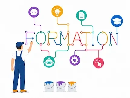 Illustration d’une formation à l’intelligence artificielle avec outils connectés, apprentissage, analyse et automatisation.