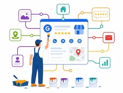 Illustration d’une fiche Google pour TPE et PME, avec avis clients, visibilité locale, photos, carte et contacts connectés.
