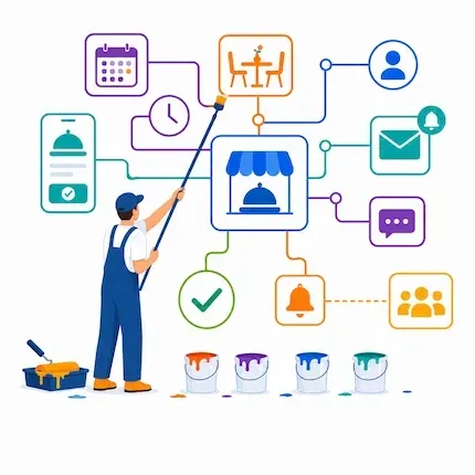 Illustration d’un outil de réservation en ligne pour restaurants, crêperies et commerces de bouche, avec calendrier, confirmations et suivi client.