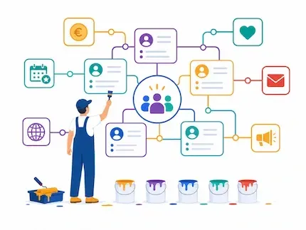 Illustration d’une solution digitale pour associations, avec gestion des adhérents, cotisations, dons, événements et communication connectée.