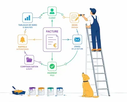 Illustration d’un outil de devis et facturation pour TPE et PME, avec suivi commercial, relances clients et gestion des paiements.