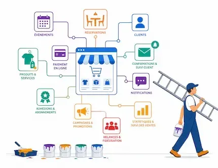 Illustration d’un outil e-commerce pour TPE et PME, avec boutique en ligne, paiement, clients, réservations et suivi des ventes connectés.