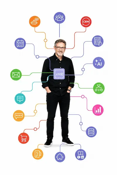 Portrait du cofondateur de Loopline entouré d’outils digitaux pour TPE et PME : CRM, automatisation, IA, emails, calendrier et suivi client.