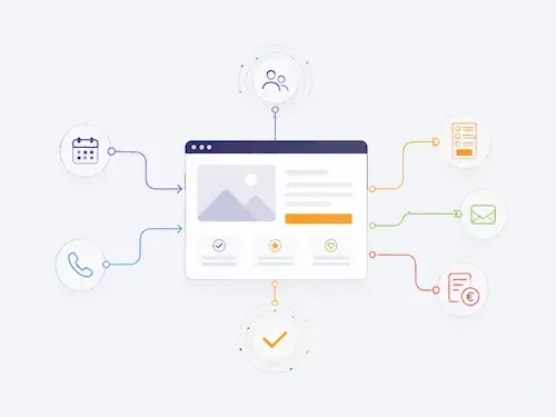 Illustration d’un site internet professionnel connecté à des formulaires, calendriers, emails et outils de suivi pour générer des demandes clients.