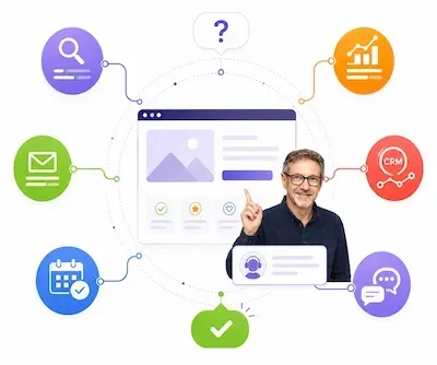 Illustration d’une agence digitale à Saint-Malo accompagnant les TPE et PME avec des outils connectés : site internet, CRM, automatisations, rendez-vous et suivi client.