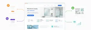 Illustration d’un site internet de miroiterie présentant des services de vitrage, miroirs sur mesure et réalisations locales, connecté à des outils de contact et de demande de devis.