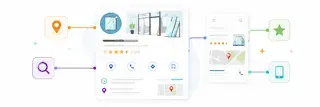Illustration d’une fiche Google Business Profile pour une miroiterie locale, avec avis clients, carte, informations de contact et éléments de visibilité locale.