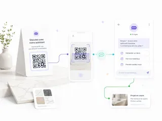 Illustration d’un QR code permettant d’ouvrir un assistant IA de marbrerie depuis un support imprimé, un showroom ou une documentation commerciale.