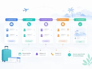 Illustration d’un formulaire de demande de voyage collectant les informations clés d’un prospect : destination, dates, nombre de voyageurs, budget, préférences et besoins spécifiques.